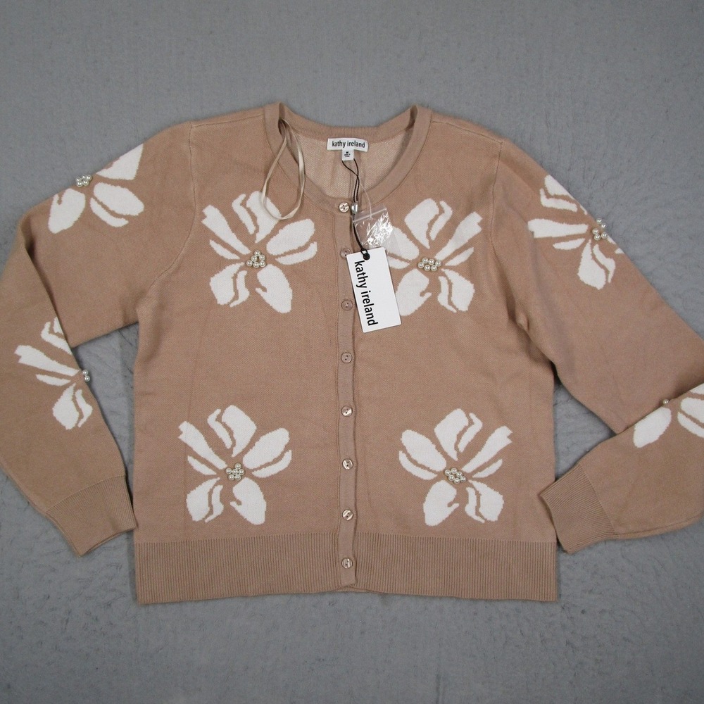 Kathy Ireland Pearl Embellished Floral Cardigan Sweater Tan Women Medium HS66942
